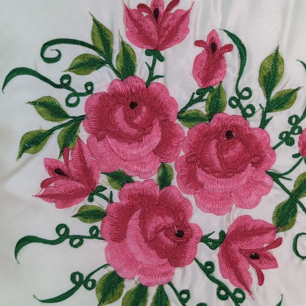 Vintage Satin Ruffle Embroidered Pillows Set of 2 Pink Floral Cottagecore Frilly